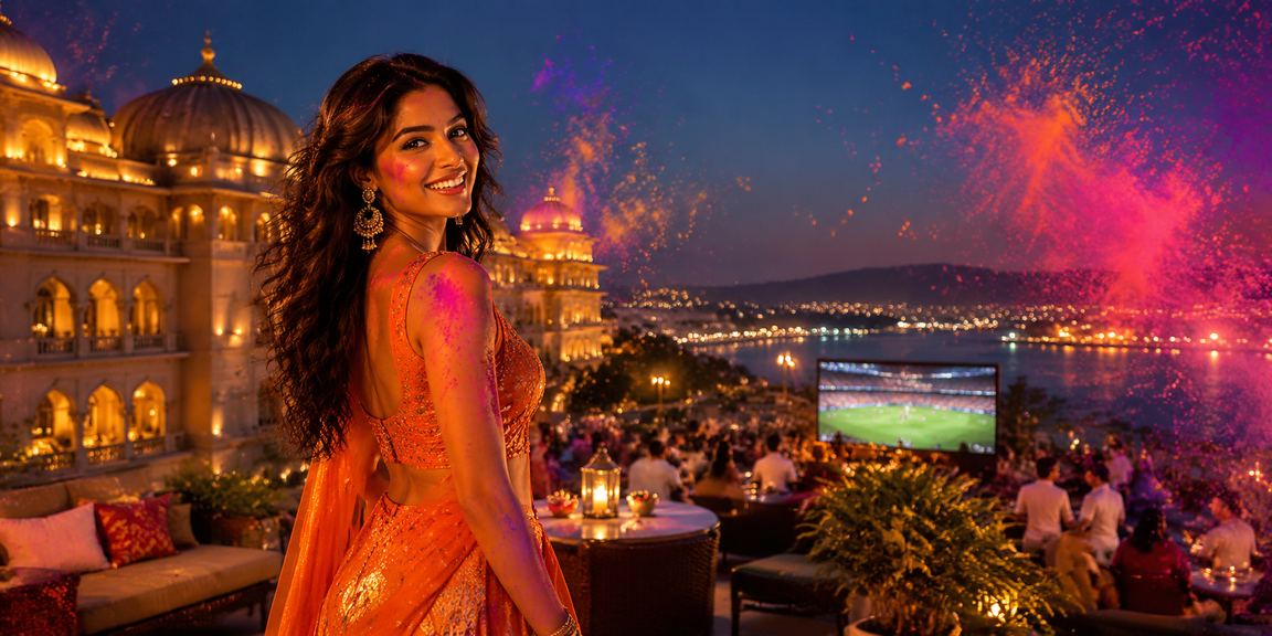 Mobile user enjoying cricket betting during Holi festival
